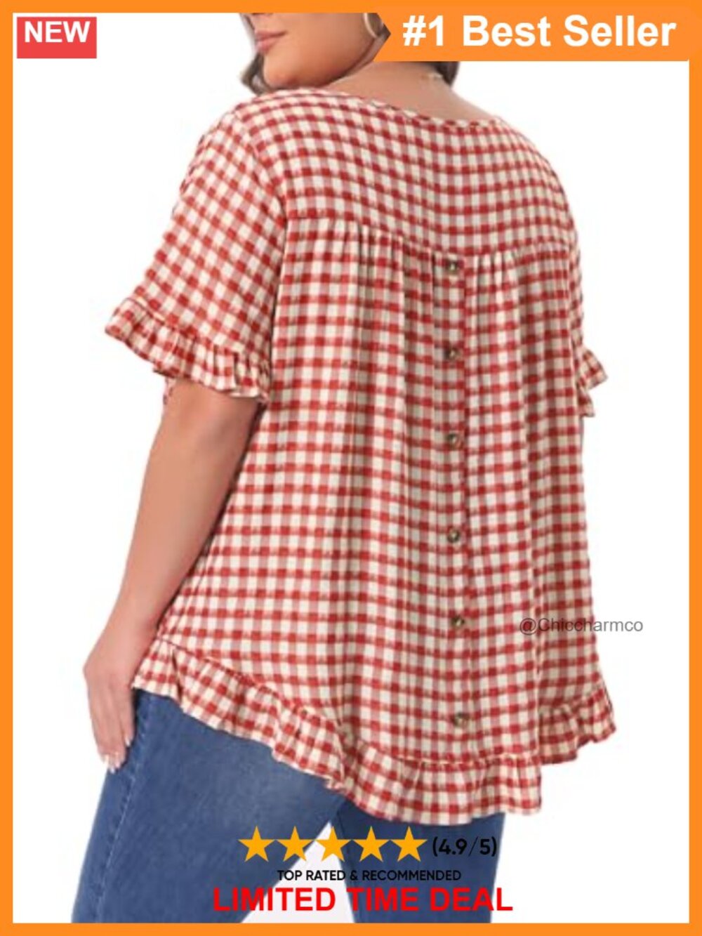 Plus Size Gingham Blouse Ruffle Sleeve Back Button Vintage Top